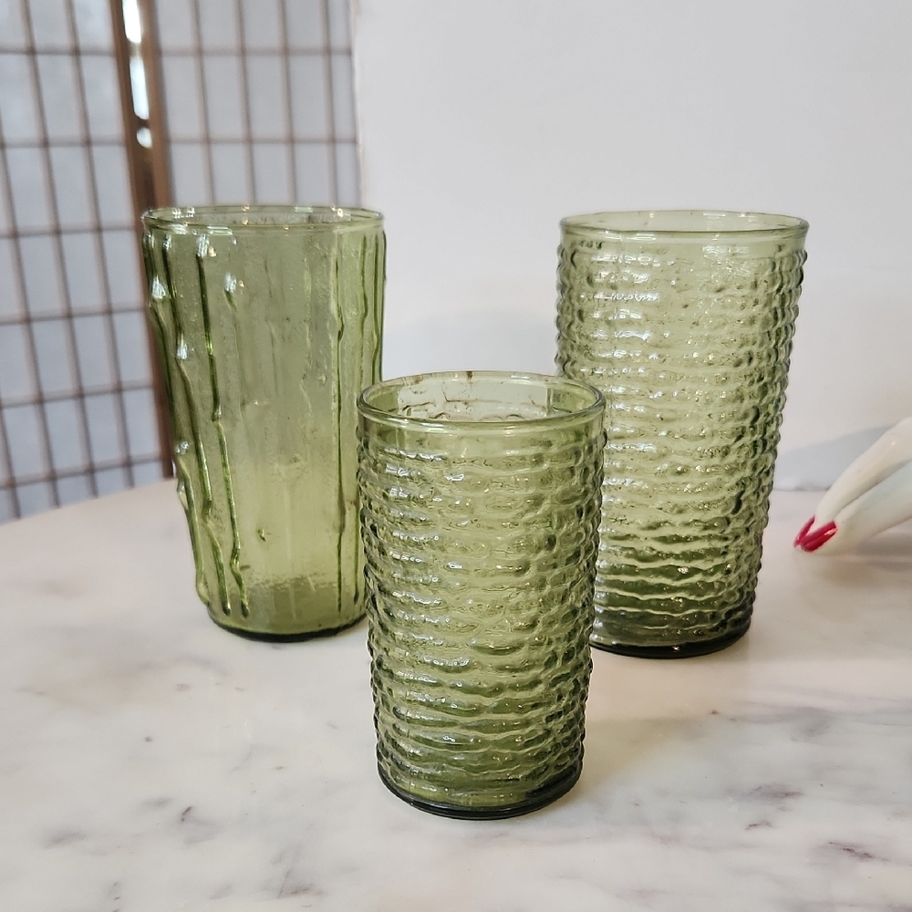 Vintage | Anchor Hocking  Avocado Green Bamboo Textured Glasses Set 3
